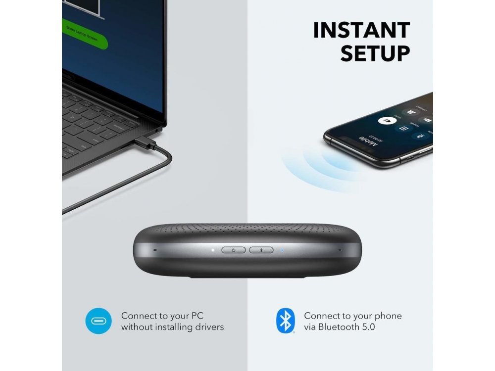 Anker PowerConf Bluetooth Speakerphone, 6 Mic, 24 Hour Call Time, BT 5.0, USB-C, Conference Speaker, PowerIQ - A3301011