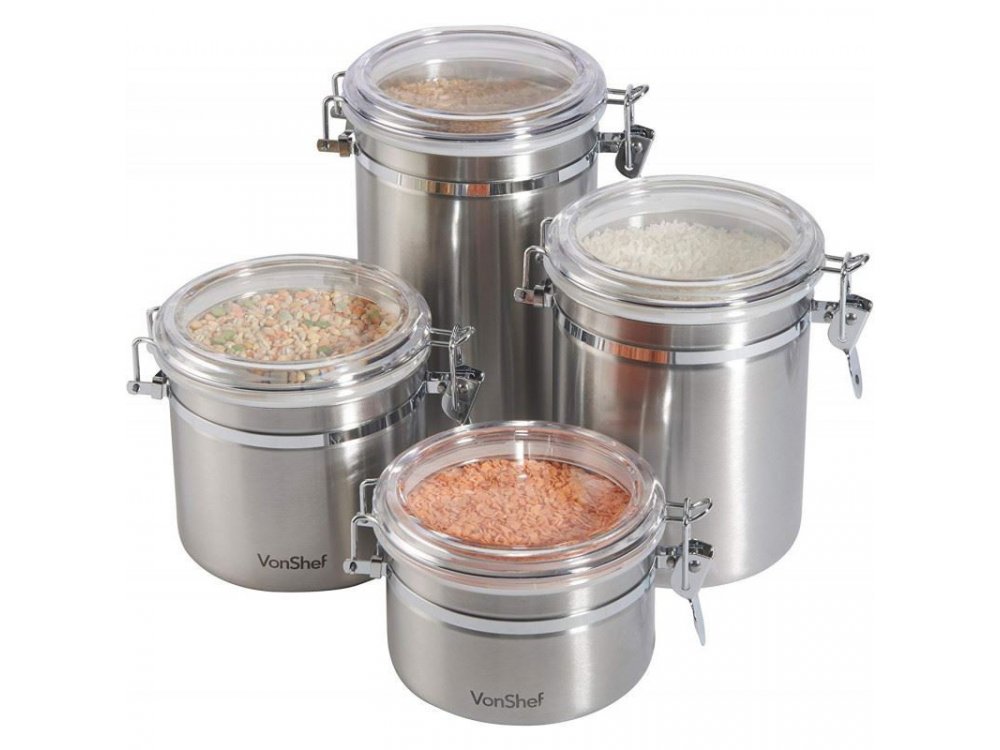 VonShef Set of 4 Storage Canisters, Stainless Steel (Various sizes) - 07/140