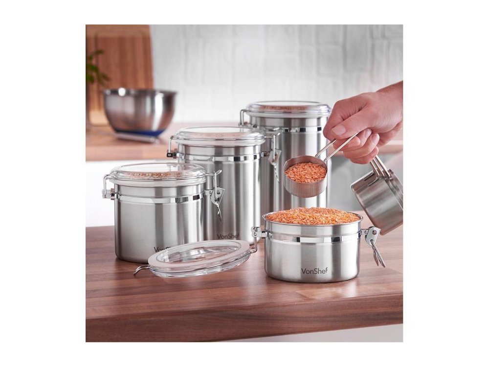 VonShef Set of 4 Storage Canisters, Stainless Steel (Various sizes) - 07/140