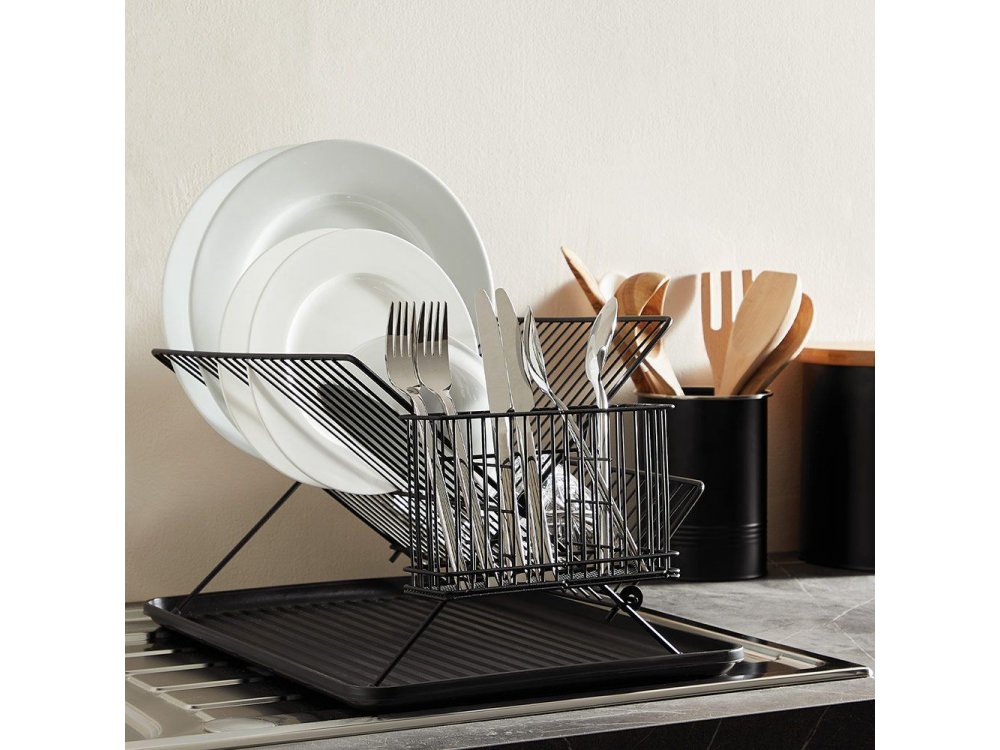 VonShef Dish Drainer (2-tier) & Cutlery Basket, Matte Black - 1000289