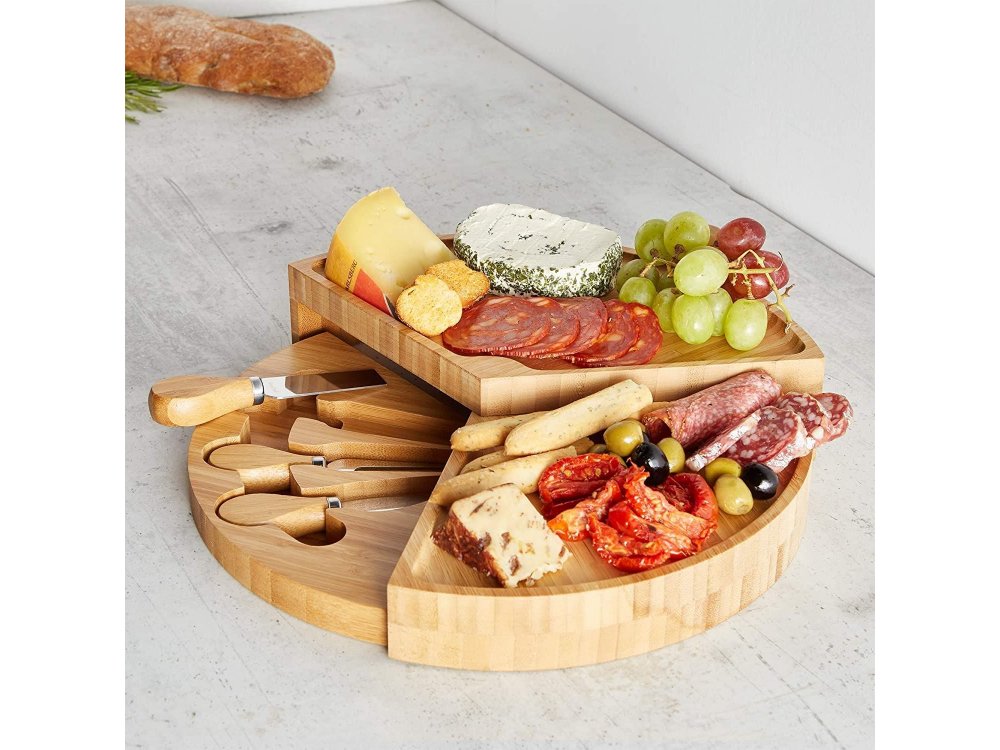 VonShef Cheese Boards with 3 piece Knive Set, 3 Stores, Bamboo - 1000135