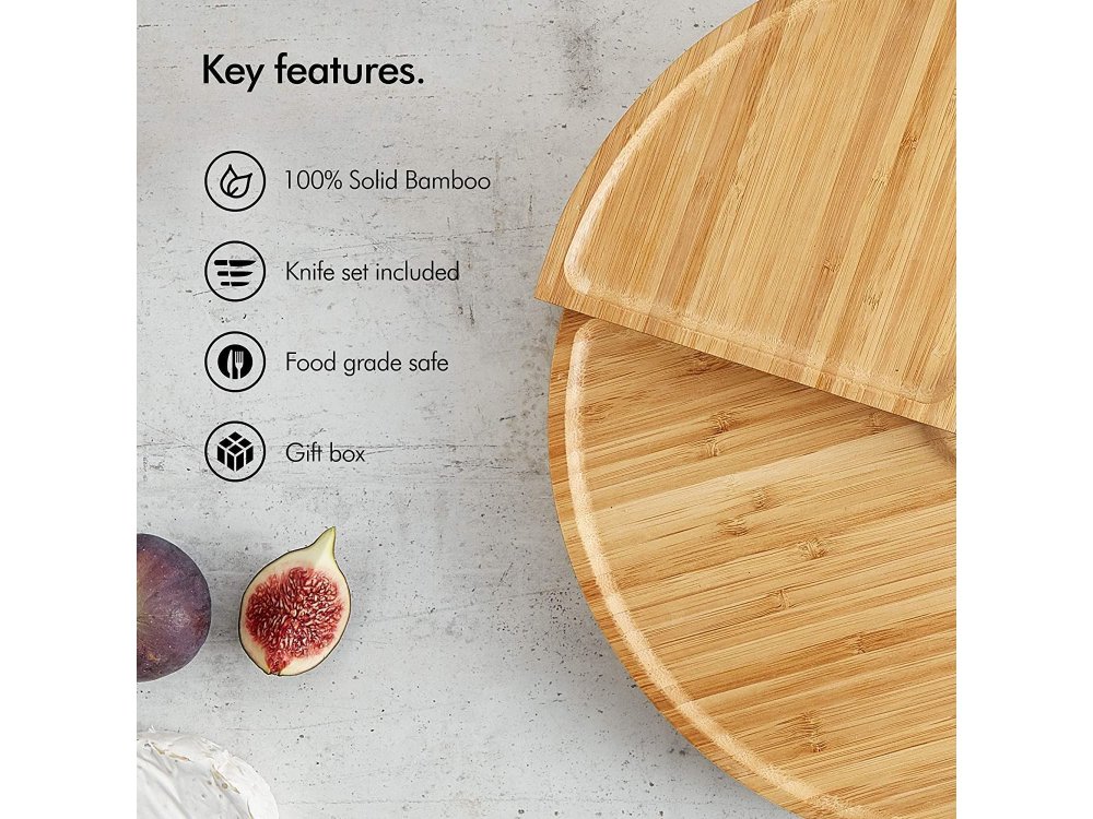 VonShef Cheese Boards with 3 piece Knive Set, 3 Stores, Bamboo - 1000135