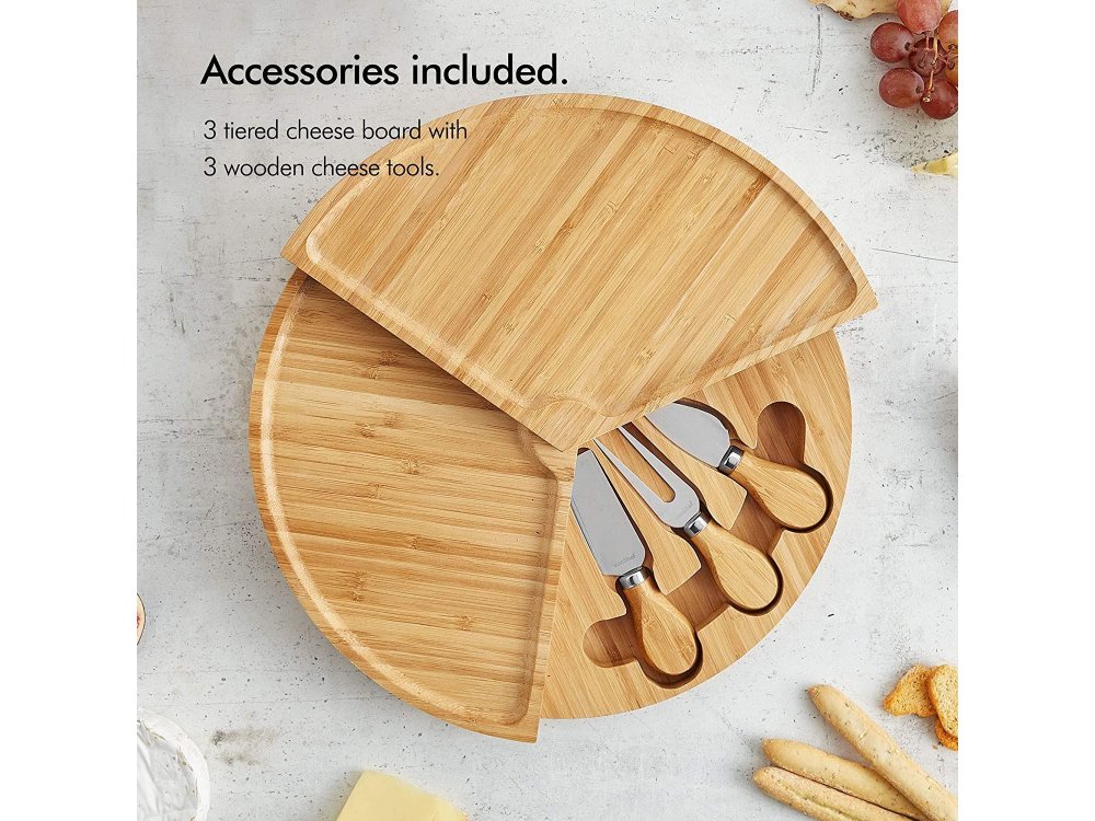 VonShef Cheese Boards with 3 piece Knive Set, 3 Stores, Bamboo - 1000135