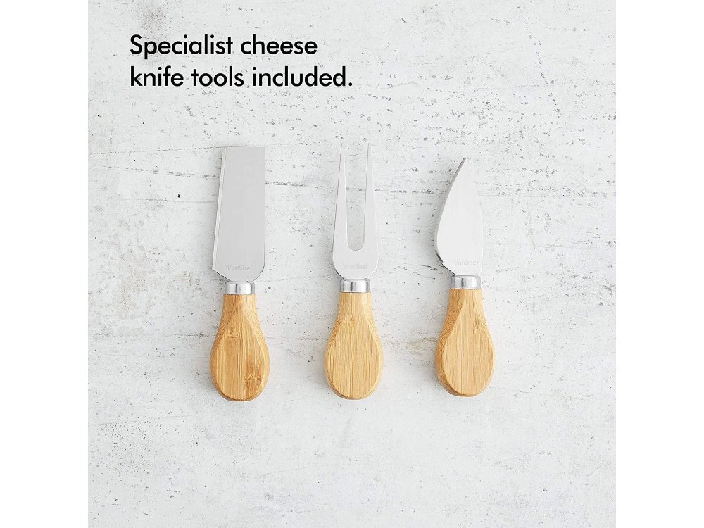 VonShef Cheese Boards with 3 piece Knive Set, 3 Stores, Bamboo - 1000135