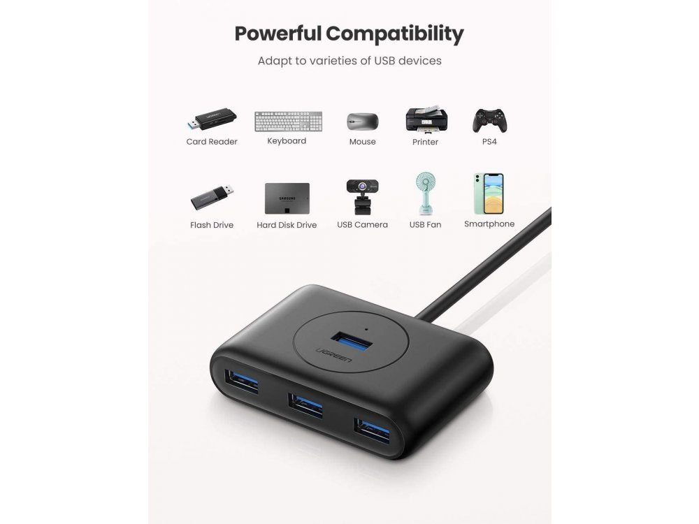 Ugreen Slim USB 3.0 4 Port Data Hub, με καλώδιο 0,5μ. - 20290