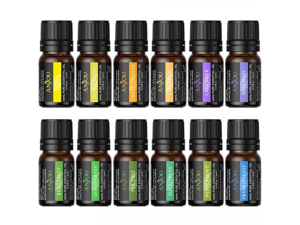 Anjou Essential Oils - Set of 12 * 5ml, 100% pure oils, Aromatherapy,  preservative-free