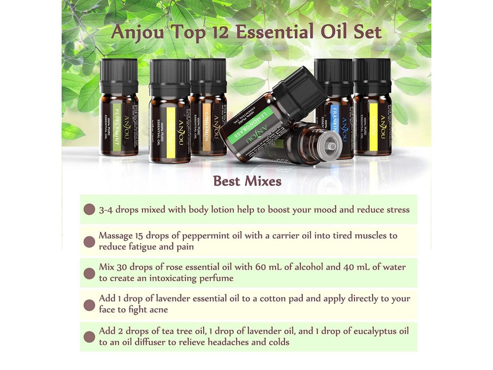 Anjou Essential Oils - Set of 12 * 5ml, 100% pure oils, Aromatherapy,  preservative-free