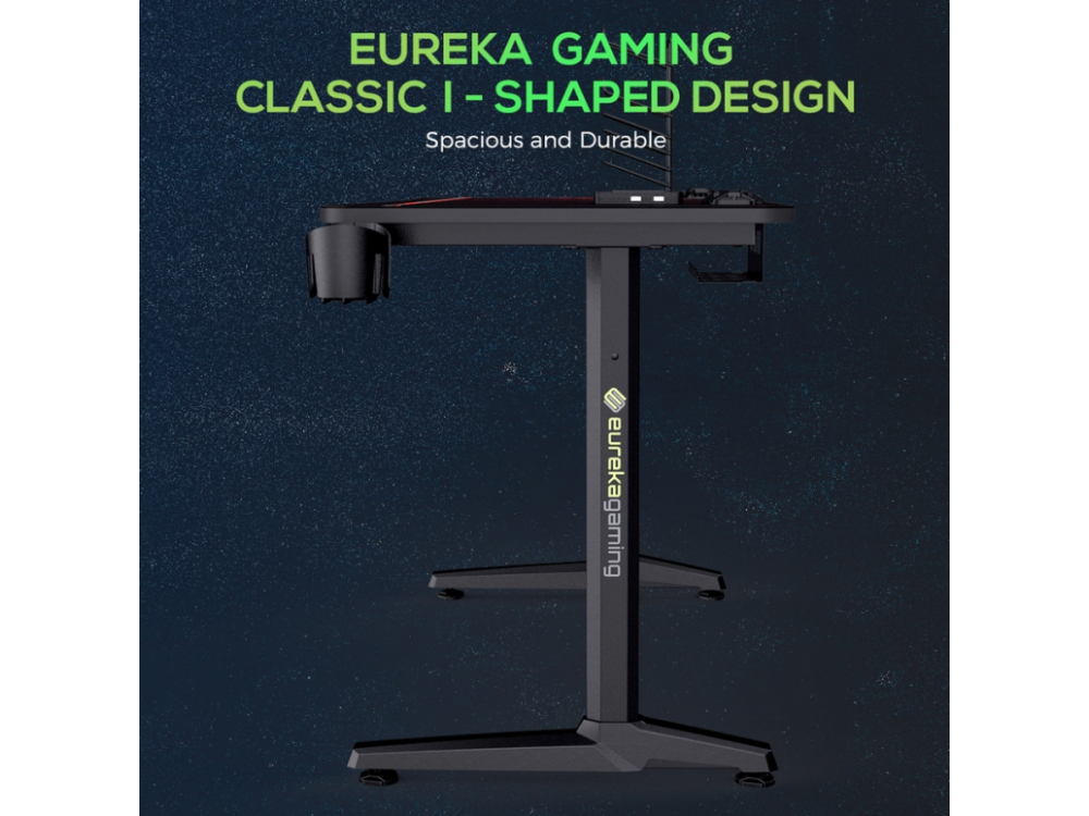 Eureka Ergonomic I47 E-sports Gaming Desk, Γραφείο Υπολογιστή Carbon Fiber με Ποτηροθήκη, Θήκες Ακουστικών & Mouse Pad, Black