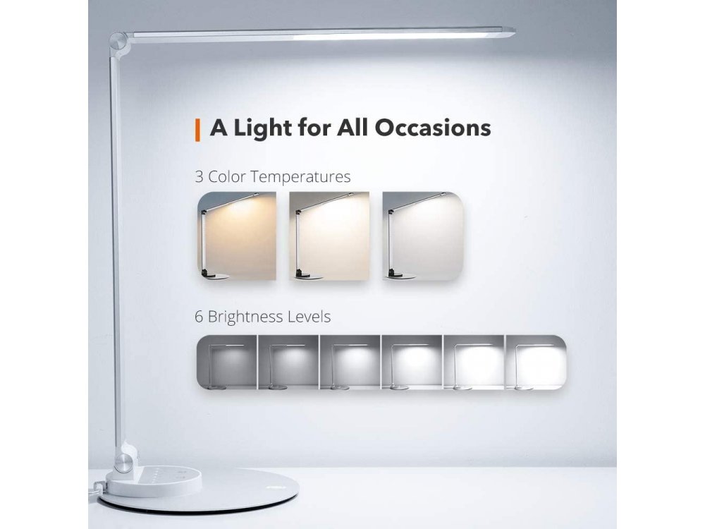 TaoTronics TT-DL22 LED Desk Λάμπα με Touch Control & USB Θύρα, 3 Color Modes, 6 Brightness Levels, Aluminium, Silver