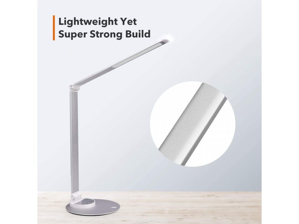 TaoTronics TT-DL22 LED Desk Lamp with Touch Control & USB port, 3 Color Modes, 6 Brightness Levels, Aluminium, Silver