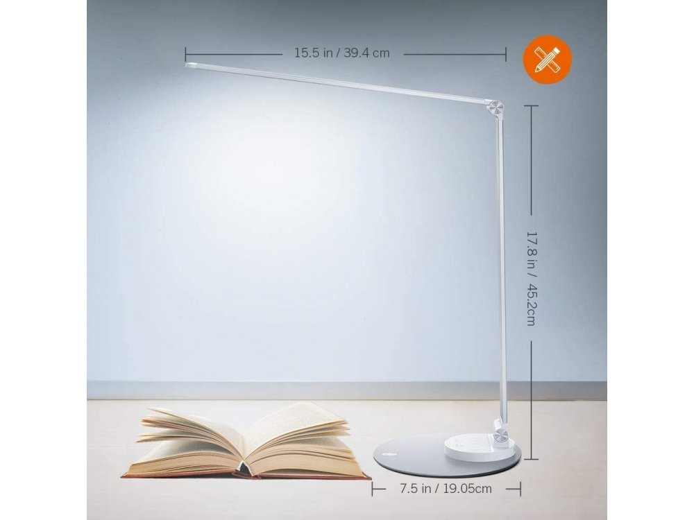TaoTronics TT-DL22 LED Desk Lamp with Touch Control & USB port, 3 Color Modes, 6 Brightness Levels, Aluminium, Silver