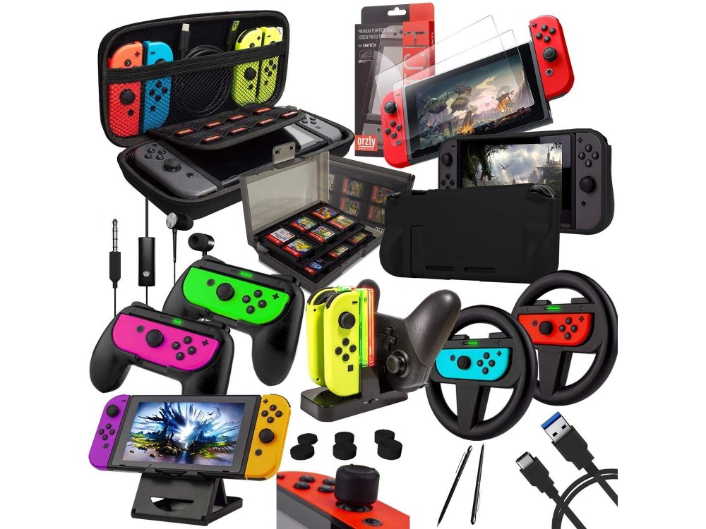 Orzly Nintendo Switch Geekpack Accessories Bundle - 2x Glass Screen Protector, cable, Case, Game case, Charger ect - Black