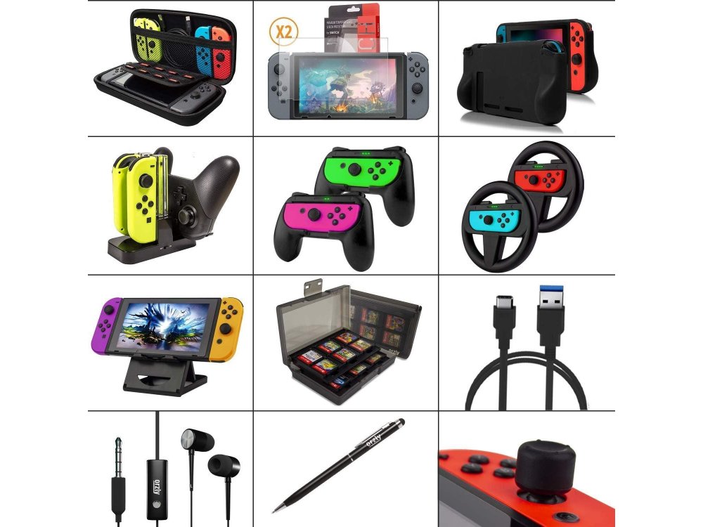 Orzly Nintendo Switch Geekpack Accessories Bundle - 2x Glass Screen Protector, cable, Case, Game case, Charger ect - Black