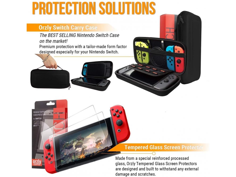 Orzly Nintendo Switch Geekpack Accessories Bundle - 2x Glass Screen Protector, cable, Case, Game case, Charger ect - Black