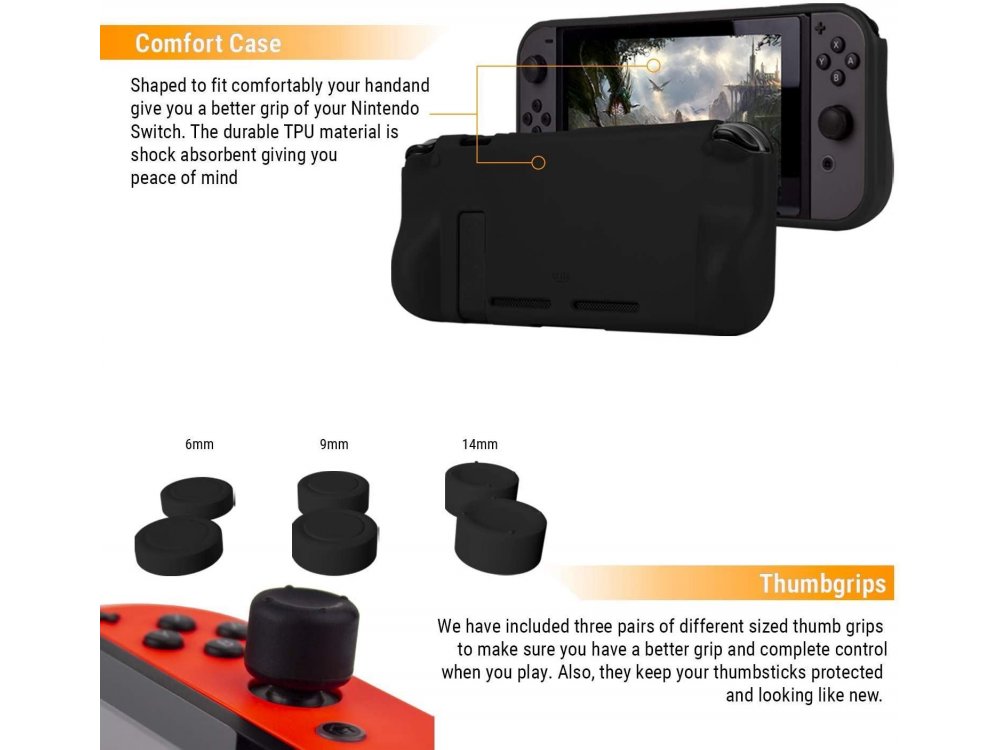 Orzly Nintendo Switch Geekpack Accessories Bundle - 2x Glass Screen Protector, cable, Case, Game case, Charger ect - Black