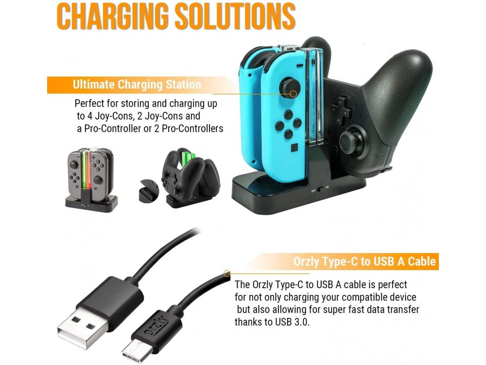 Orzly Nintendo Switch Geekpack Accessories Bundle - 2x Glass Screen Protector, cable, Case, Game case, Charger ect - Black