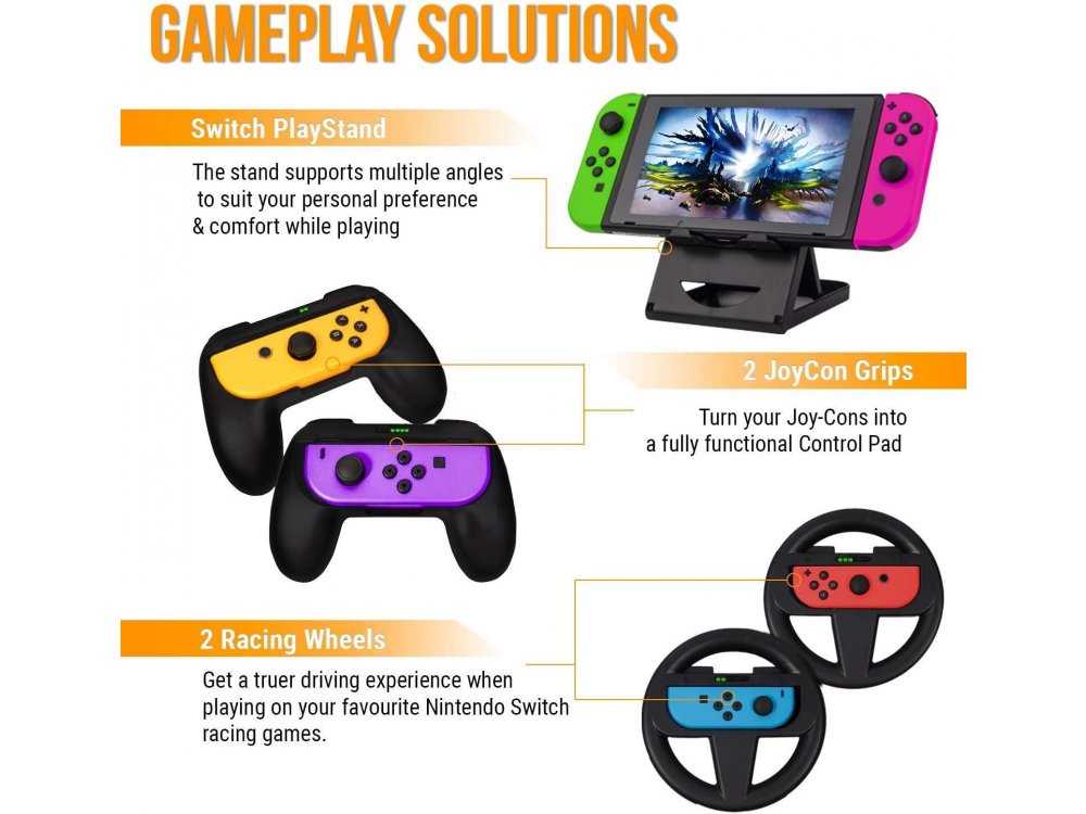 Orzly Nintendo Switch Geekpack Accessories Bundle - 2x Glass Screen Protector, cable, Case, Game case, Charger ect - Black