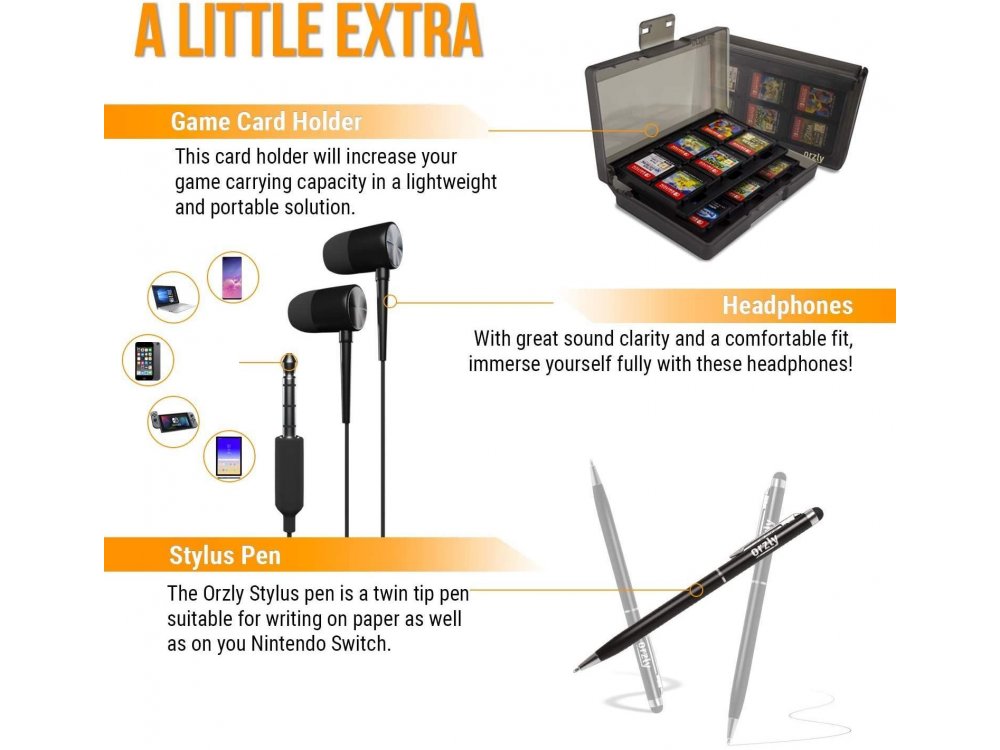 Orzly Nintendo Switch Geekpack Accessories Bundle - 2x Glass Screen Protector, cable, Case, Game case, Charger ect - Black