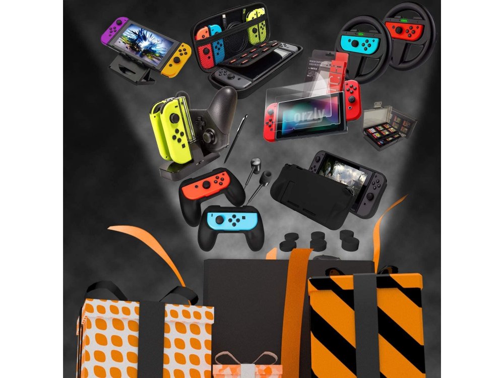 Orzly Nintendo Switch Geekpack Accessories Bundle - 2x Glass Screen Protector, cable, Case, Game case, Charger ect - Black