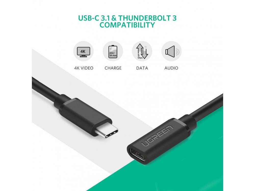 Ugreen USB-C Καλώδιο Επέκτασης 0,5μ. Type-C Θηλυκό σε Type-C Αρσενικό, Μαύρο - 40574