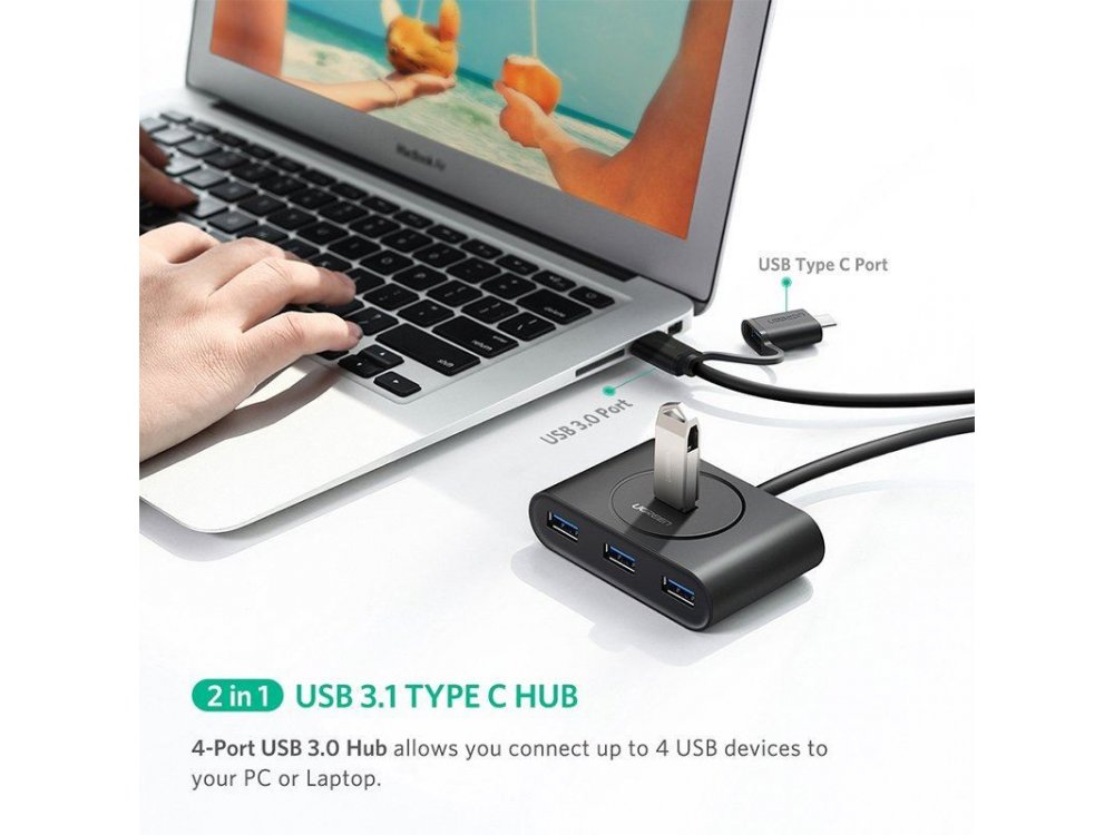 Ugreen Slim USB 3.0 4 Port Data Hub, with 0,5m. cable & USB 3.1 OTG Adapter Type-C - 40850