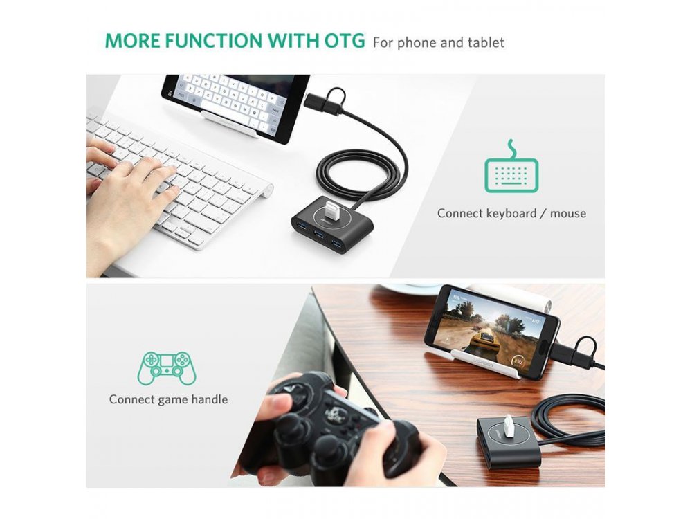 Ugreen Slim USB 3.0 4 Port Data Hub, με καλώδιο 0,5μ. & USB 3.1 OTG Αντάπτορα Type-C - 40850