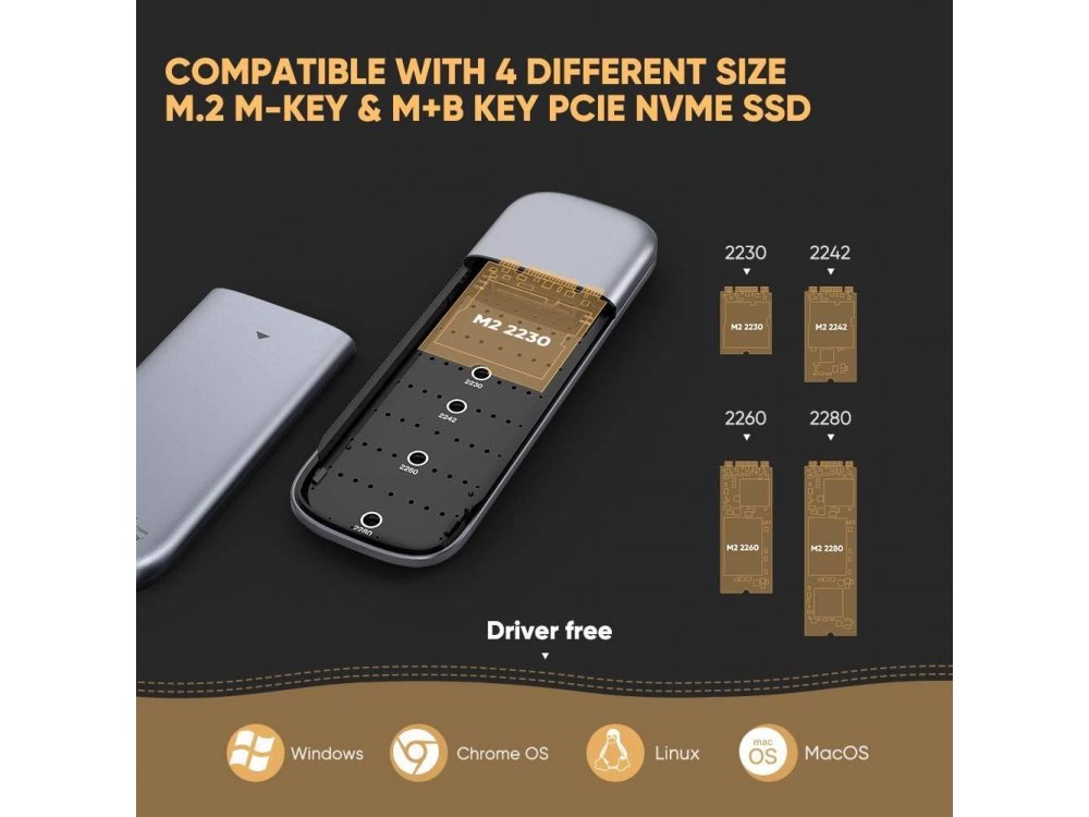 Ugreen M.2 NVMe SSD Enclosure, USB C 3.1 Gen2, Εξωτερική Θήκη Σκληρού Δίσκου M-Key/M+B Key Thunderbolt 3, 10Gbps, Ασημί - 60354