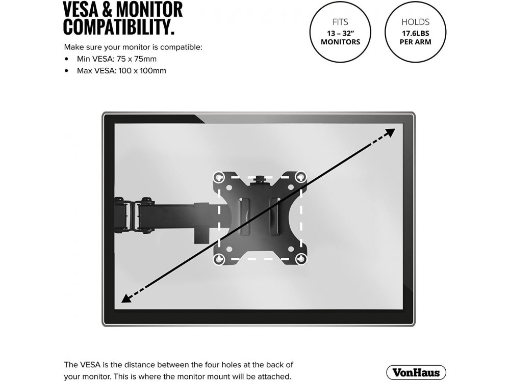 VonHaus Dual Arm Desk Mount, Stand for dual screen display 13”-32”, up to 16kg, Tilt & Swivel - 05/117