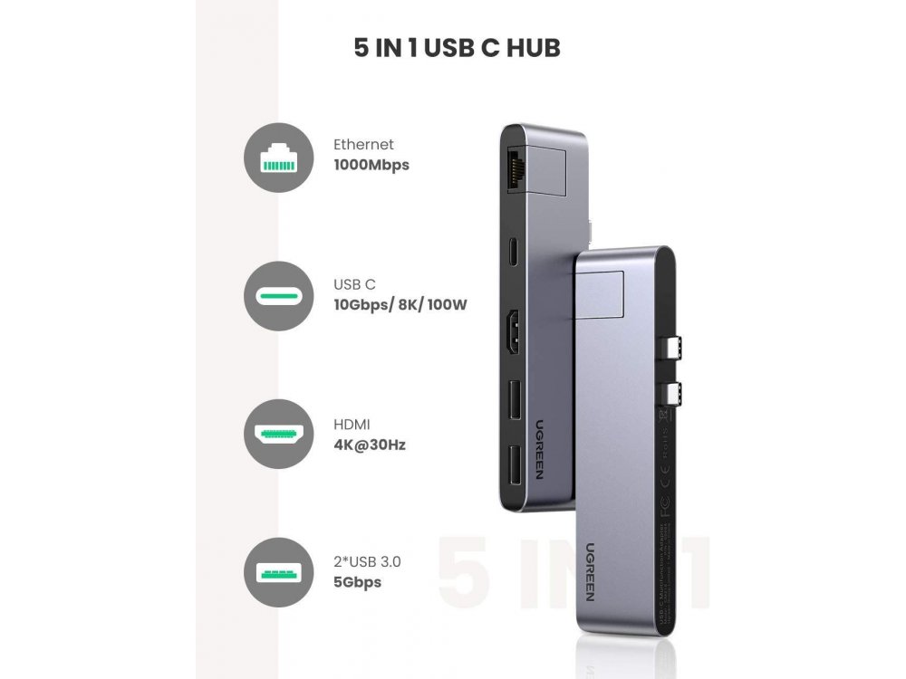 Ugreen 5-in-2 Type-C Pro Hub 8K Thunderbolt for Macbook Pro/Air 100W, 4K HDMI + 2*USB3.0 Ports + Ethernet - 50984