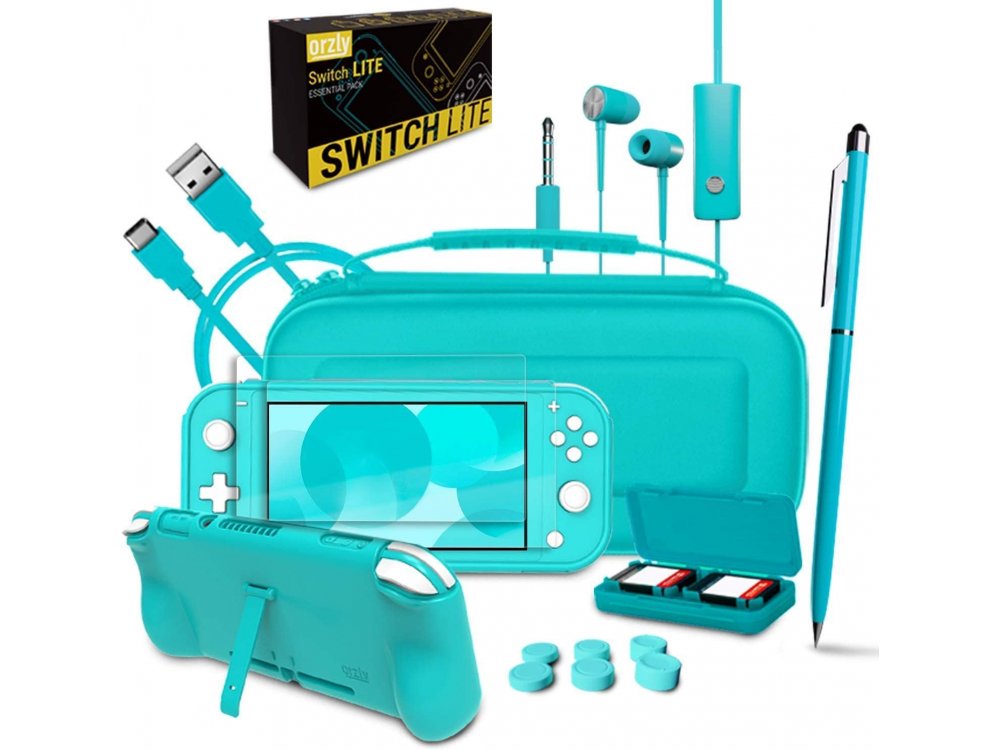 Orzly Nintendo Switch Lite Accessories Bundle - 2x Glass Screen Protector, USB cable, carrying case, headphones ect, Turquoise 