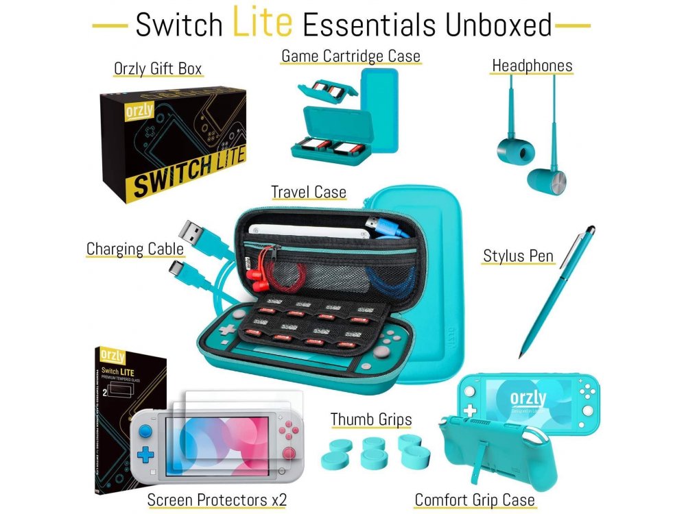 Orzly Nintendo Switch Lite Accessories Bundle - 2x Glass Screen Protector, USB cable, carrying case, headphones ect, Turquoise 