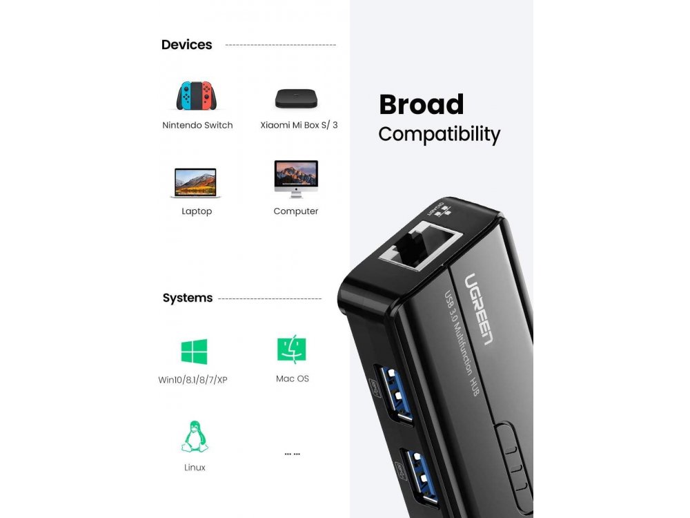 UGREEN RJ45 Ethernet Adapter + 3-Port USB 2.0 Hub – 1ft, USB-A Male To Female