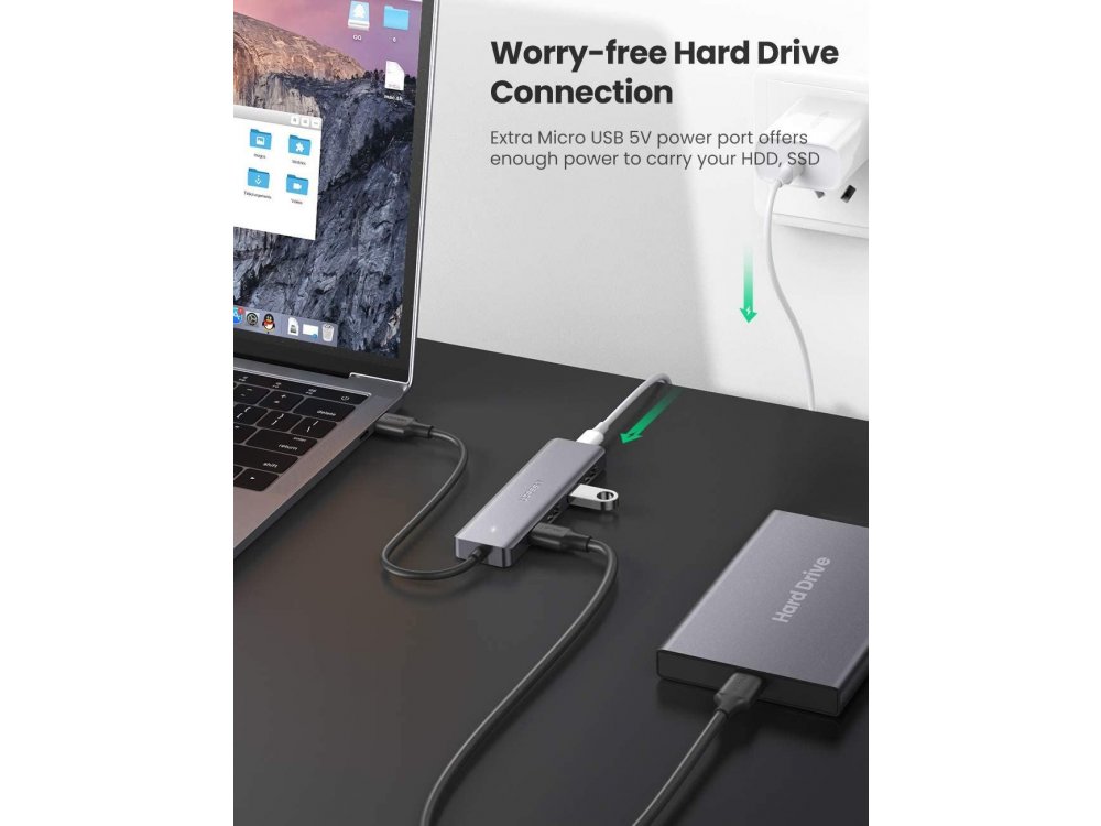 Ugreen Ultra Slim 4-Port USB 3.0 Data Hub with Micro USB port for Power Supply - 50985