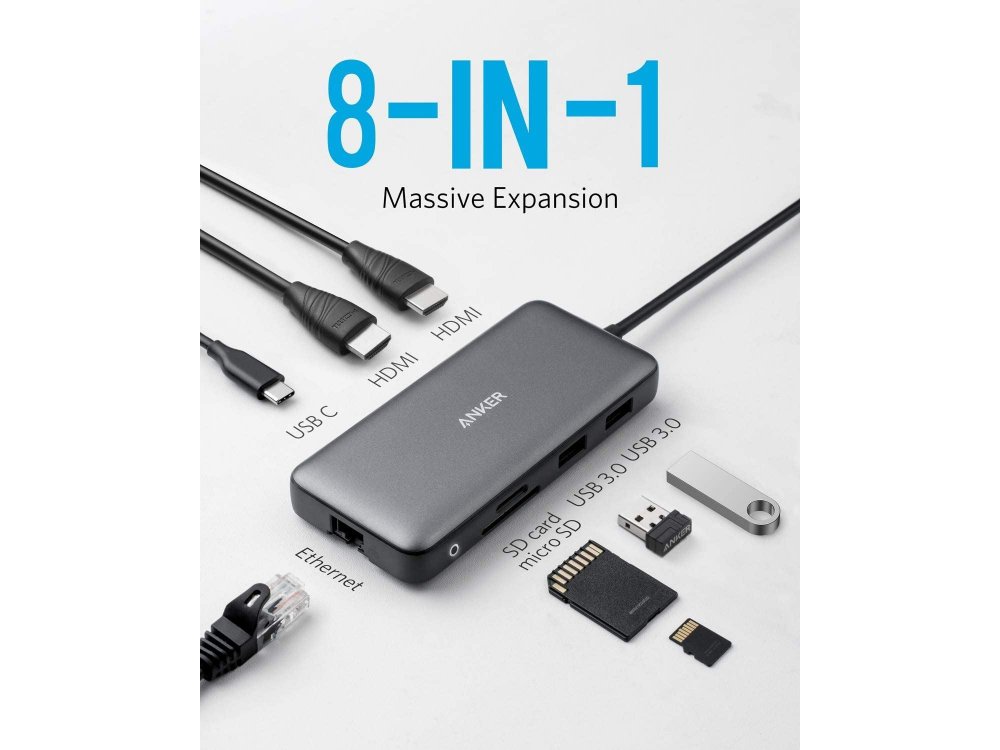 Anker 8-in-1 Premium USB C Data Hub - HDMI/4K*2 + LAN*1 + USB3.0*2 + SD/Micro SD Card reader*1 + 100W PD Charging*1 - A83800A1