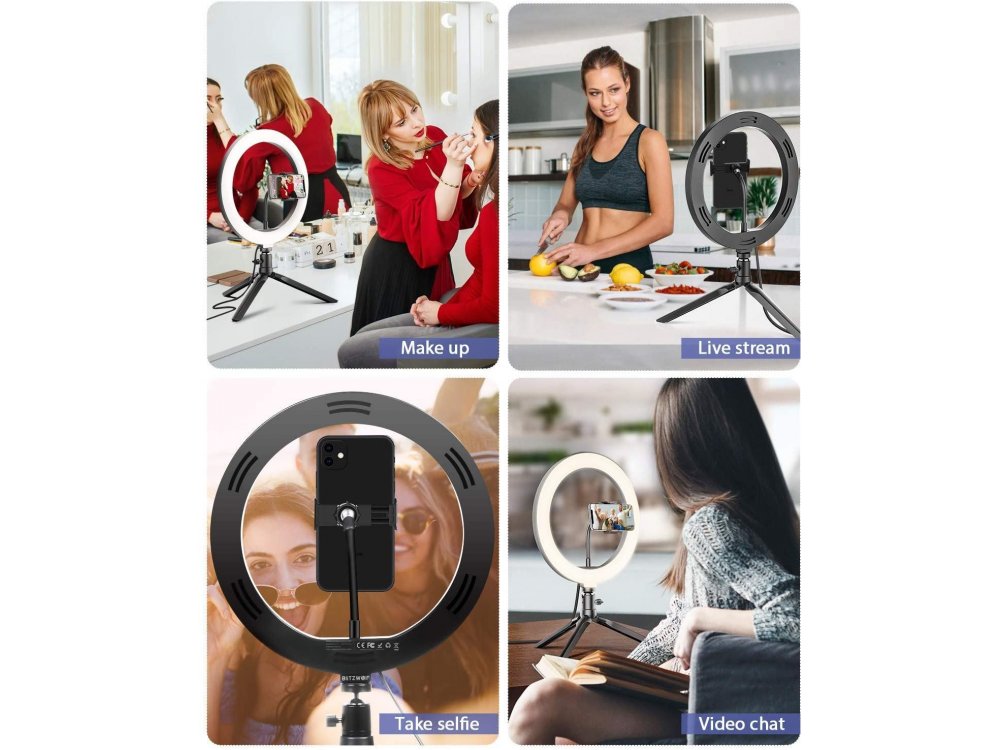 BlitzWolf BW-SL3 LED Ring Light 10.2" Dimmable Temperature 3200K-5600K & Adjustable 3 Color + Tripod  + Bluetooth Remote