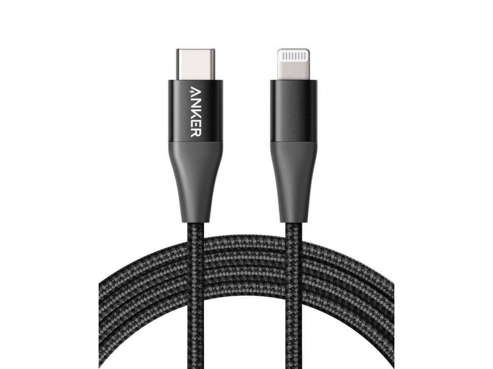Anker PowerLine+ ΙΙ USB-C to Lightning Cable 6ft for Apple iPhone / iPad / iPod MFi, Nylon Braiding - A8653H11, Black