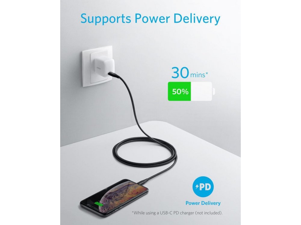 Anker PowerLine+ ΙΙ USB-C σε Lightning καλώδιο 1.8μ. για Apple iPhone / iPad / iPod MFi, με Νάυλον ύφανση - A8653H11, Μαύρο
