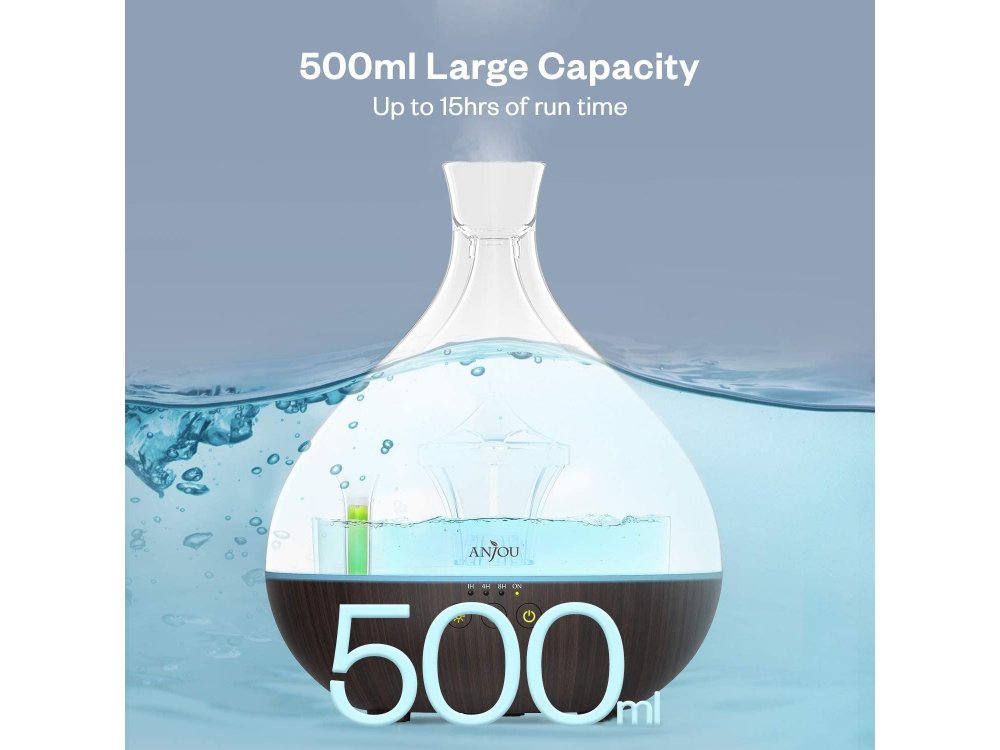 Anjou AJ-AD012 500ml, Oil Diffuser Συσκευή Αρωματοθεραπείας, Adjustable 7 Color, Timer & Auto Shut-Off, Brown