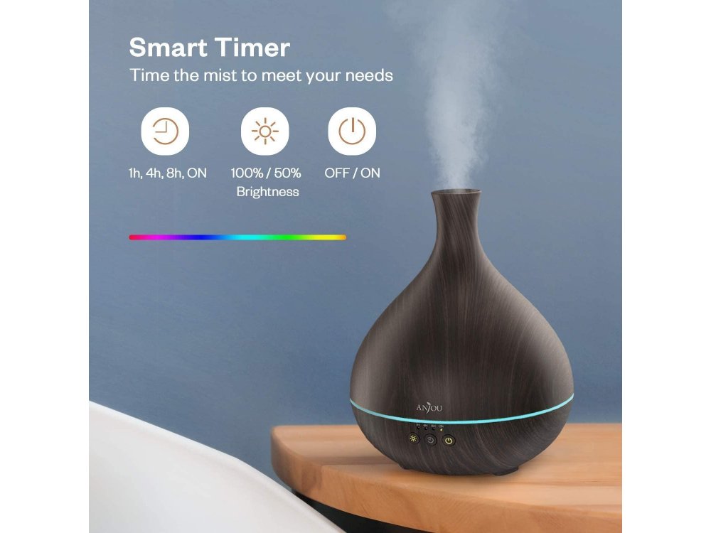 Anjou AJ-AD012 500ml, Oil Diffuser Συσκευή Αρωματοθεραπείας, Adjustable 7 Color, Timer & Auto Shut-Off, Brown