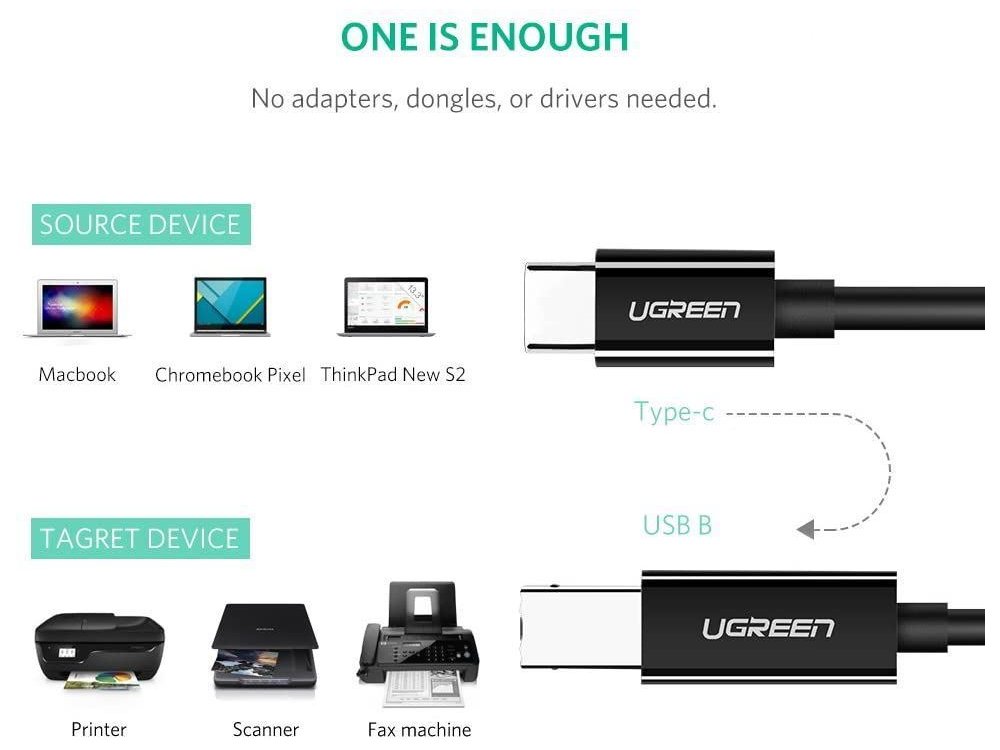Ugreen USB-C to USB-B Printer / Scanner  Cable 2m - 50446, Black