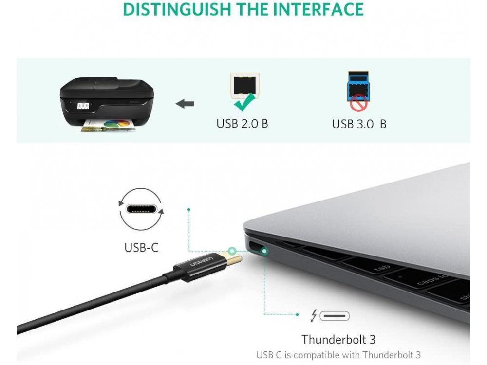 Ugreen USB-C σε USB-B Καλώδιο Printer / Scanner Cable 2μ. - 50446, Μαύρο