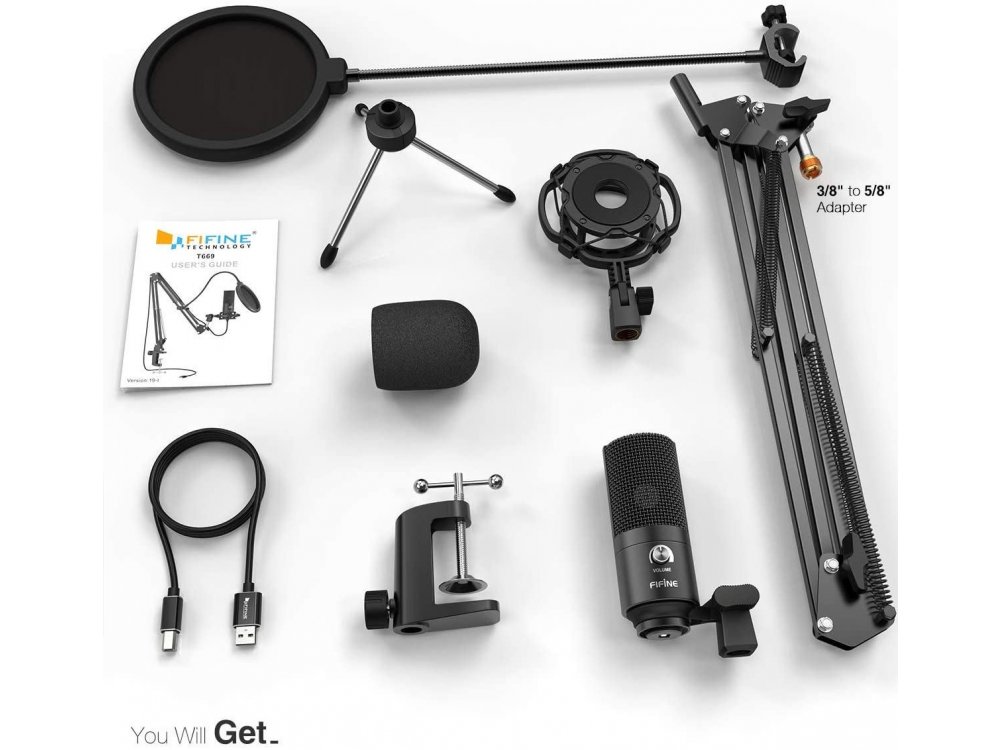 FIFINE T669 Πυκνωτικό Μικρόφωνο USB, KIT με Ρυθμιζόμενη Βάση, Volume Dial για Vocal Recording, Sreaming, Podcast κλπ