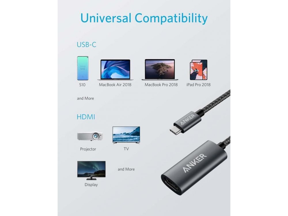 Anker PowerExpand+ USB-C to HDMI 4K@60Hz Adapter, with Nylon Braiding, Space Gray - A83120A1