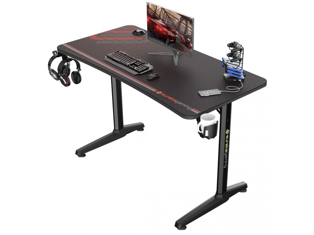 Eureka Ergonomic I47 E-sports Gaming Desk, Γραφείο Υπολογιστή Carbon Fiber με Ποτηροθήκη, Θήκες Ακουστικών & Mouse Pad, Black