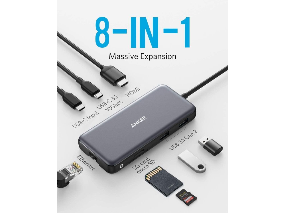 Anker PowerExpand 8-in-1 USB-C Data Hub HDMI/4K@60Hz + LAN + USB3.1*2 + SD/Micro SD Card reader + 100W PD Charging - A83830A1
