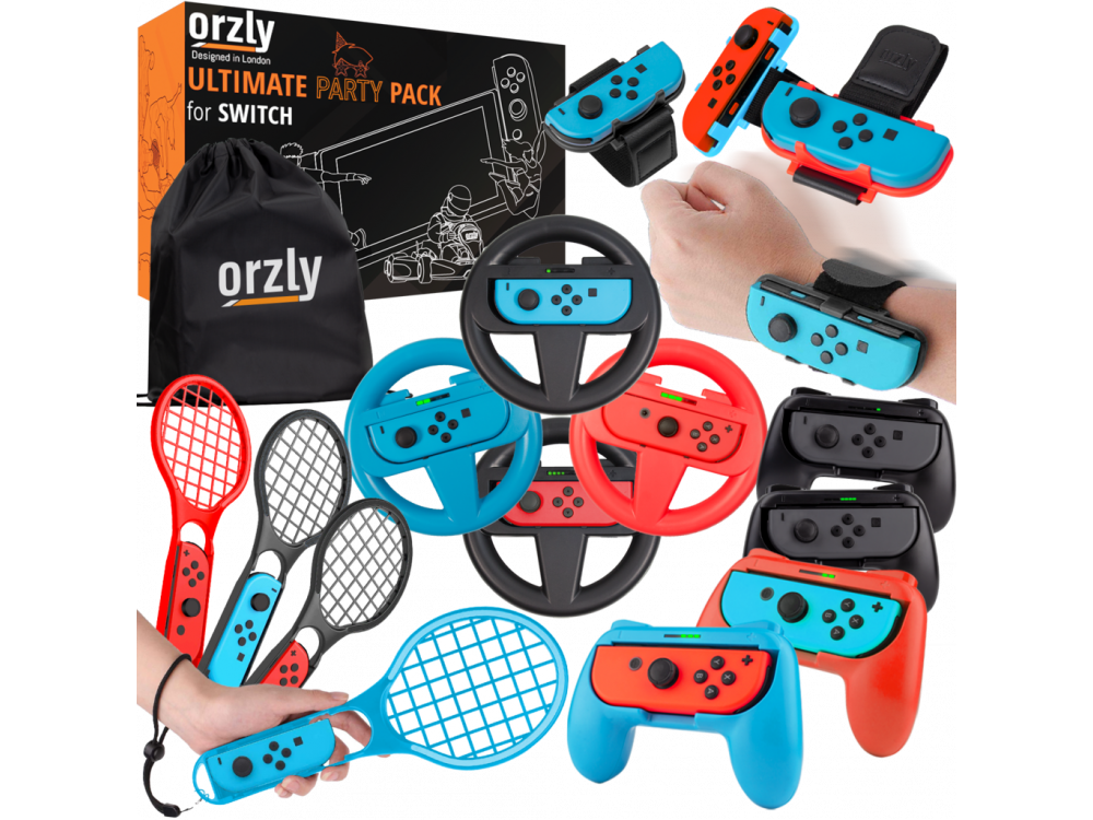 Orzly Nintendo Switch Partypack Accessories Bundle - 4x Racing Wheels, 4x Joy-Con Grips, 4x Tennis Rackets, 4x Dance Bands, Θήκη
