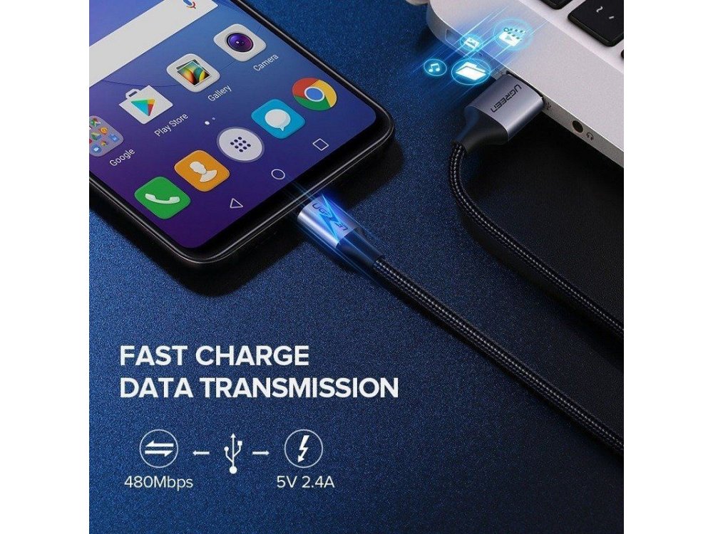 Ugreen Καλώδιο Micro USB 0,25μ. με Νάυλον Ύφανση, Μαύρο - 60144