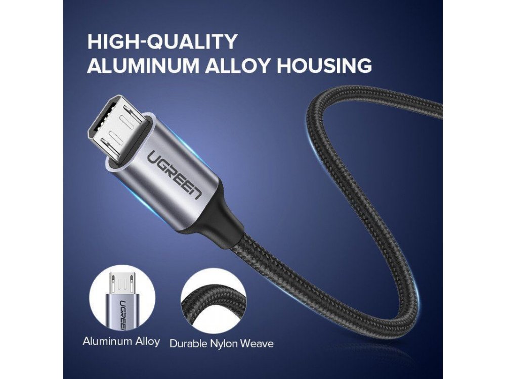 Ugreen Καλώδιο Micro USB 0,25μ. με Νάυλον Ύφανση, Μαύρο - 60144