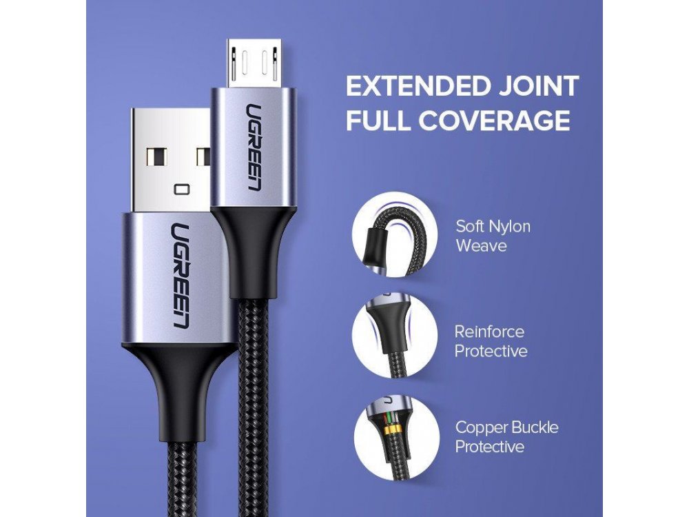 Ugreen Καλώδιο Micro USB 0,25μ. με Νάυλον Ύφανση, Μαύρο - 60144