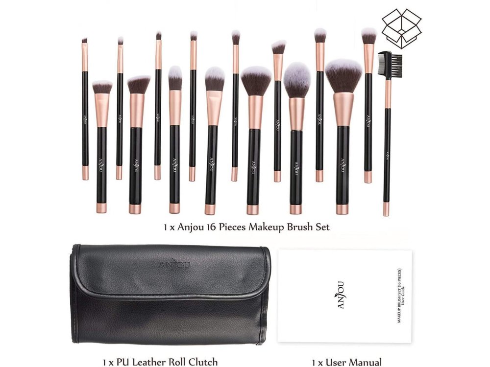 Anjou Makeup 16 brush set, Cruelty-free, Vegan, with carrying pouch - AJ-MTA002